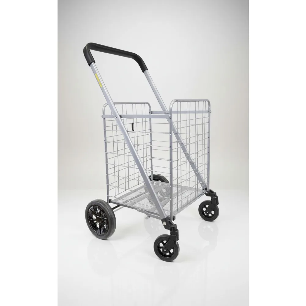 

Foldable Shopping Cart with Wheels - Heavy Duty 100lb Capacity Utility Cart with Brake System - Ideal for Seniors & Families