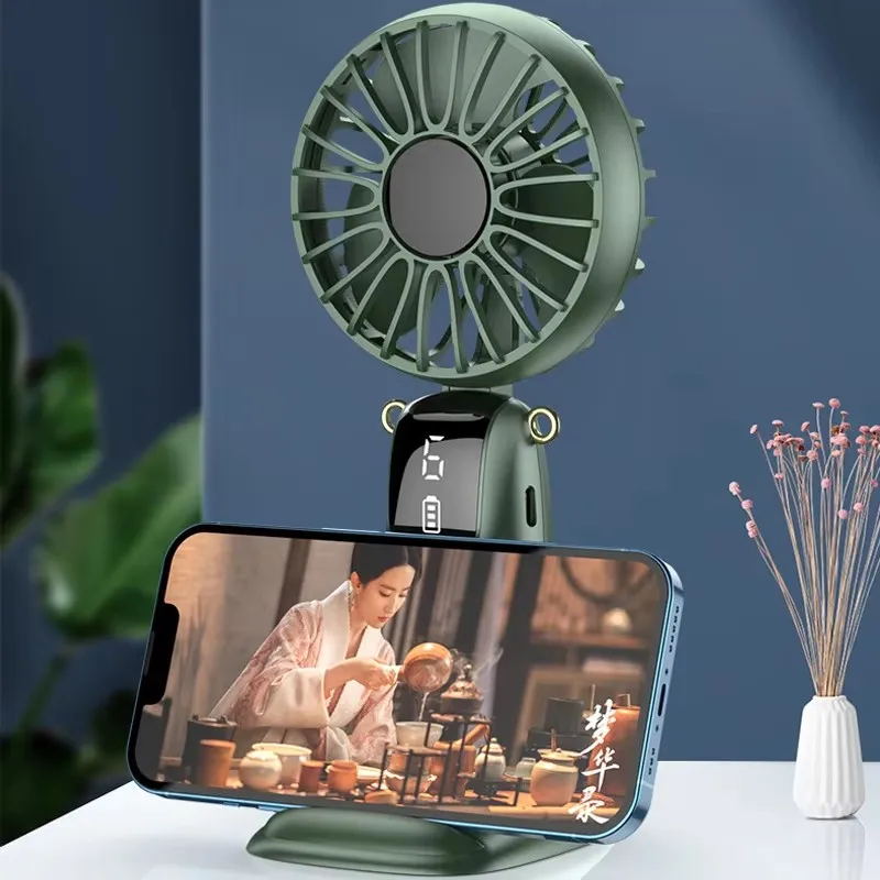 Новое поступление 2024, перезаряжаемый через USB портативный ручной вентилятор, установленный на столе с держателем для телефона, портативный мини-вентилятор, шейный вентилятор