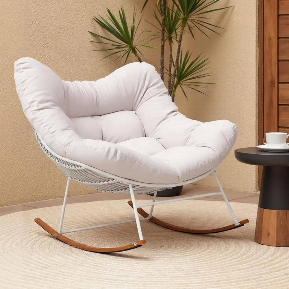 

Papasan Rocking Chair, Oversized Comfy Lounge Chair with Cozy Cushion and Rattan Body, Modern Patio Egg Chair for Outside Porch