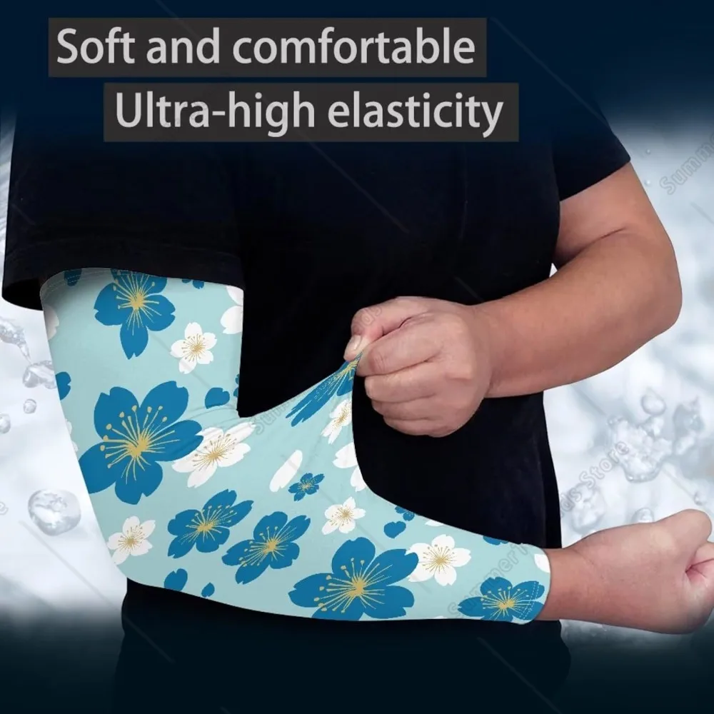 Blue Tropical Floral UV Sun Protection Arm Sleeves for Women Men, Cooling Sports Sleeves for Golf, Running, Cycling, Hiking