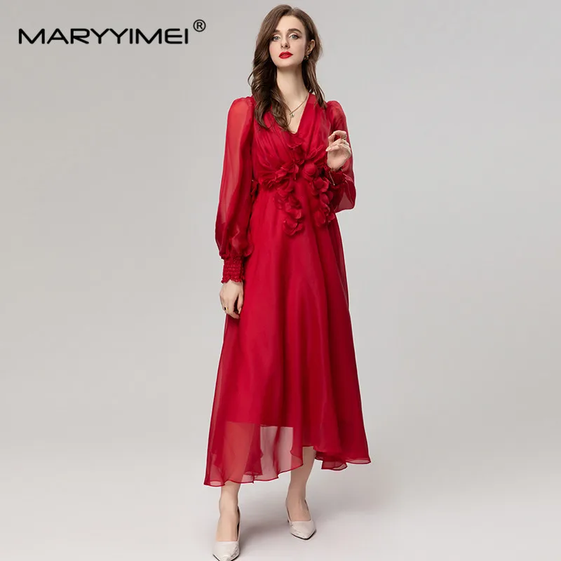 MARYYIMEI Fashion Designer Spring Summer Women's Sexy V-Neck Lantern Sleeve Decal decoration Backless Elegant ball dress