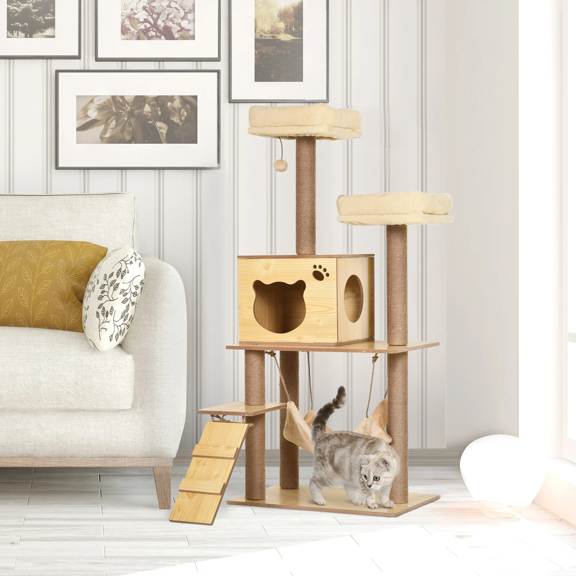 PawHut Árbol Rascador para Gatos Altura 130cm con Postes de Yute 2 Camas Natural