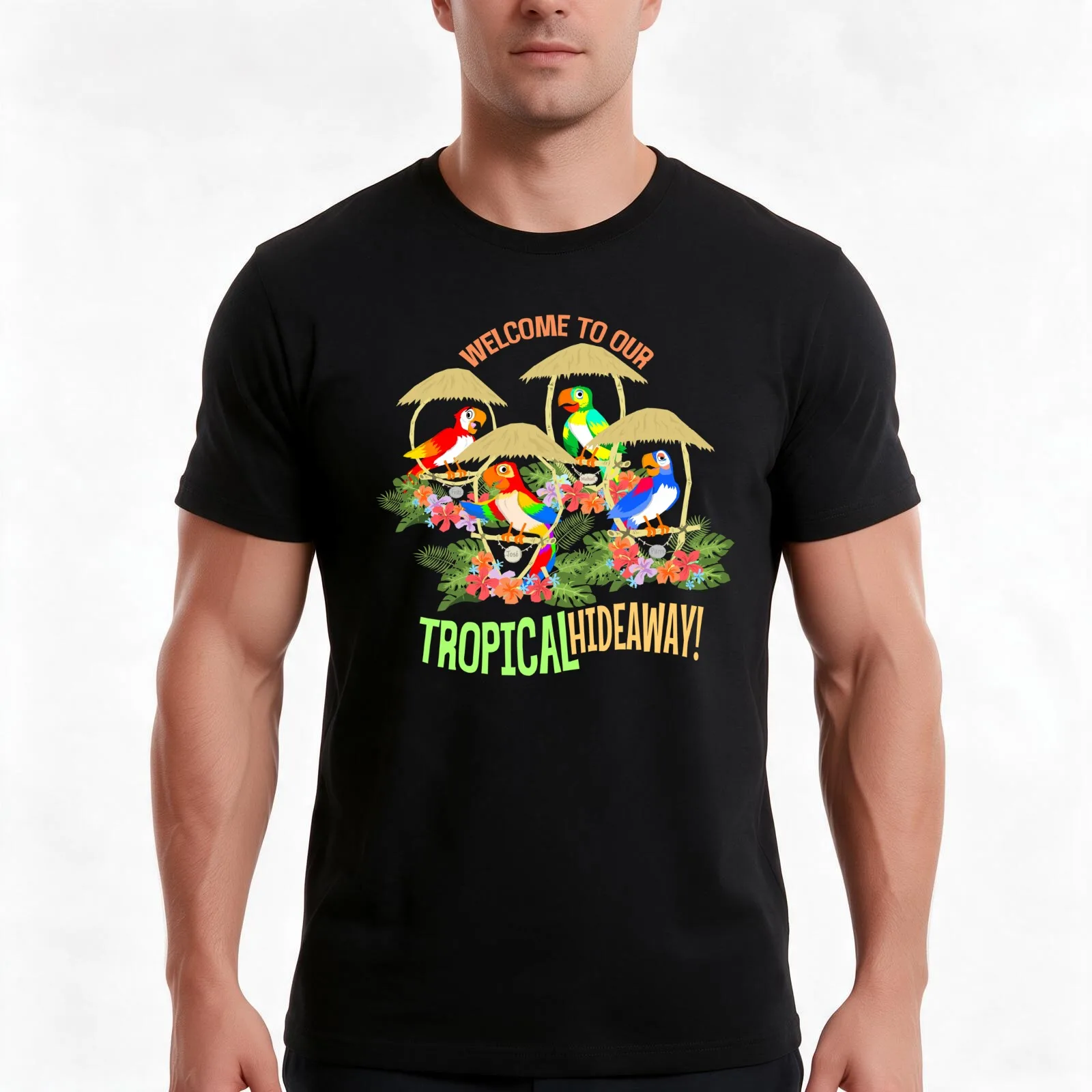 Tiki Room: Welcome to our Tropical Hideaway T-Shirt, Summer Casual Cotton Tee, Oversized Streetwear Tops, Vintage Graphic Print