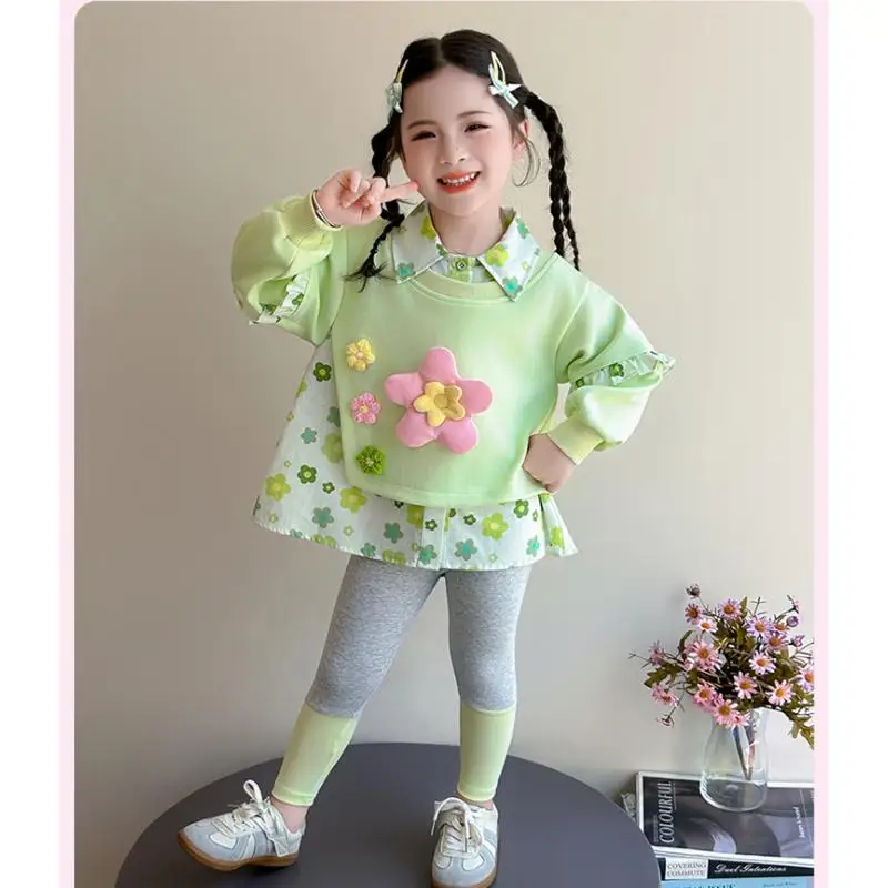 Girl Sweet Flower Collar Hoodie Underpants Set Spring Autumn New Children's Pants Long Sleeve T-Shirt Girl Fashion Two Piece Set