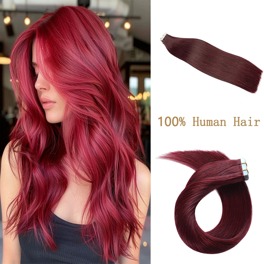 

Burgundy Tape In Human Hair Extensions Straight 100% Natural Remy Seamless Invisible Double Side Skin Weft Adhesive For Woman