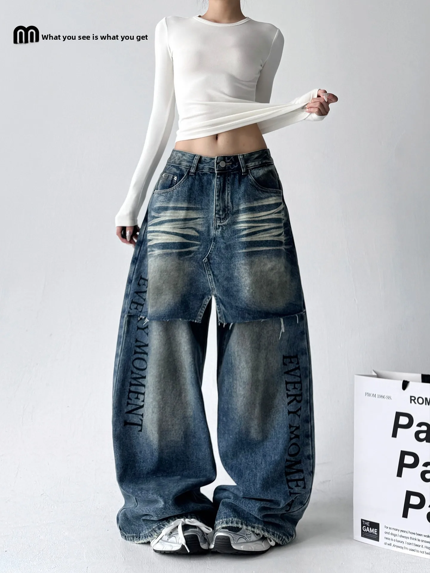 

Женские джинсовые джинсы Heavy Du Distred в стиле ретро, свободные широкие брюки с низкой талией, застежка на пуговицы, смесь хлопка с полиэстером