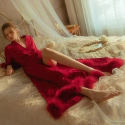 Burgundy Bride Morning Dress Gown New Floor Length Robe Wedding Bathrobe Luxury Feather Peignoir Lady Satin Sleepwear Loungewear