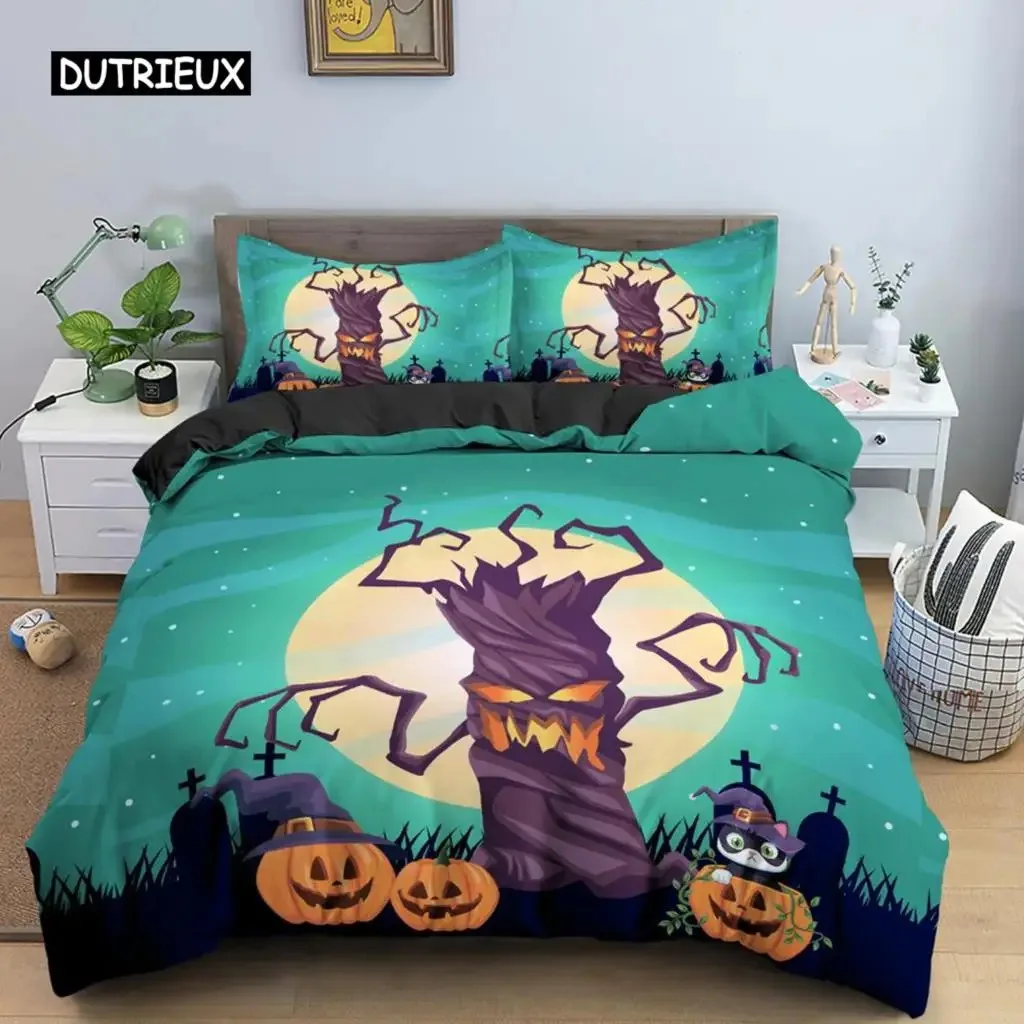 

Halloween Duvet Cover Set King Size Funny Cartoon Design Pumpkin Twin Bedding Set Microfiber Halloween Theme Comforter Cover Set