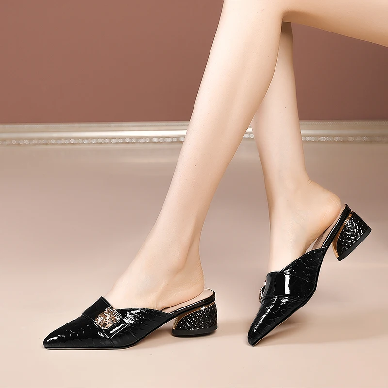 ASUMER 2022 New Arrive Black Round Med Heels Slippers Mules Genuine Leather Women Slippers Popular Ladies Dress Shoes