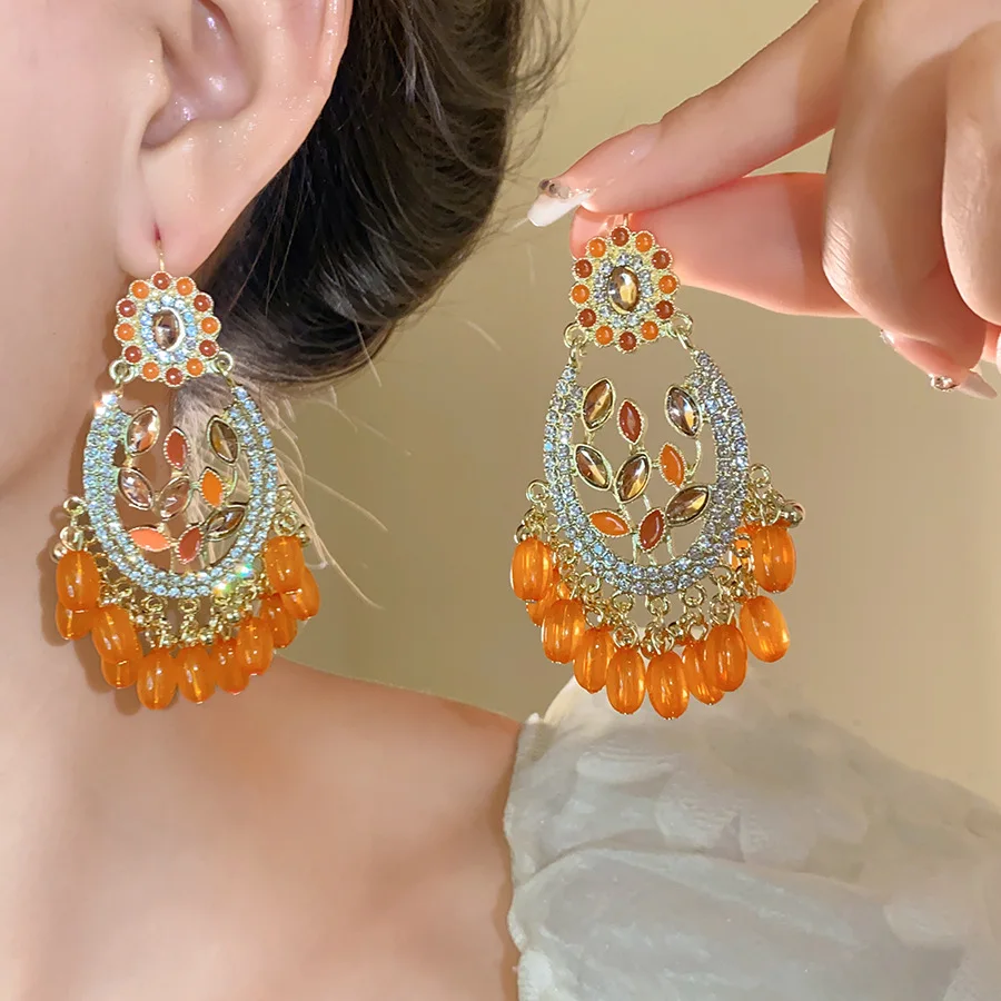 Geometric Oval Tassel Earrings, Ethnic Vintage Dangle Jewelry, Unique Luxury Ear Hook For Women Party Wedding Elegant