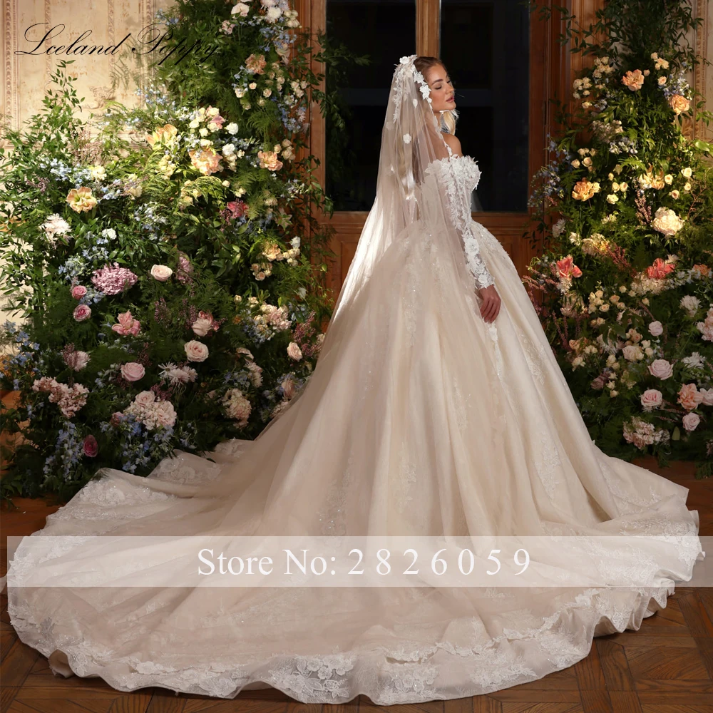 Lceland Poppy Customized A Line Boat Neck Lace Wedding Dresses Full Sleeves Beaded Bridal Gowns with Cathedral Train