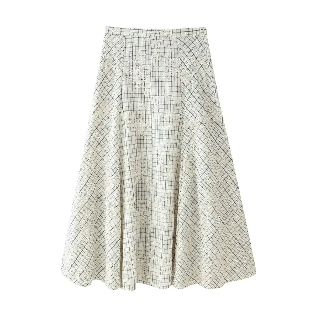Spring Plaid Embroidered Bow Short Sleeve Blouse Tops and A-line Side Zipper Skirt Women Casual Office Lady Daily Commuting Set