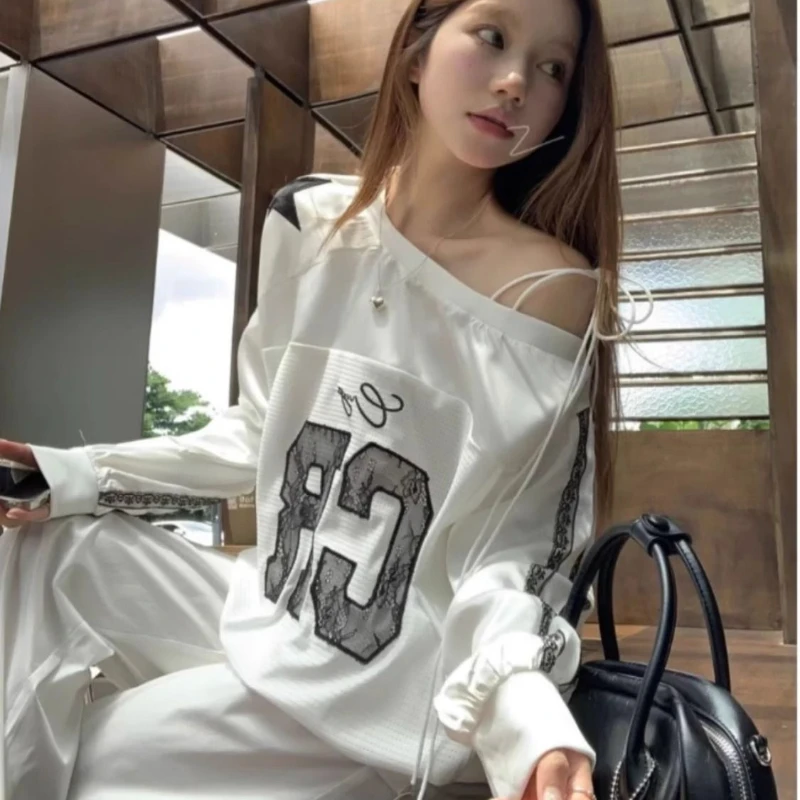 Y2k Ästhetische Spitze Brief Hoodie Frauen Skew Kragen Spitze Up Streetwear Hoody Harajuku Vintage Übergroßen Streifen Langarm Tops