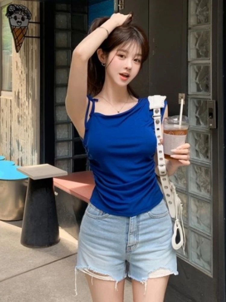 Skin-friendly Folded Strap T-shirt Women Summer Pure Desire Klein Blue Slant Shoulder Tie Slim Fit Versatile Top