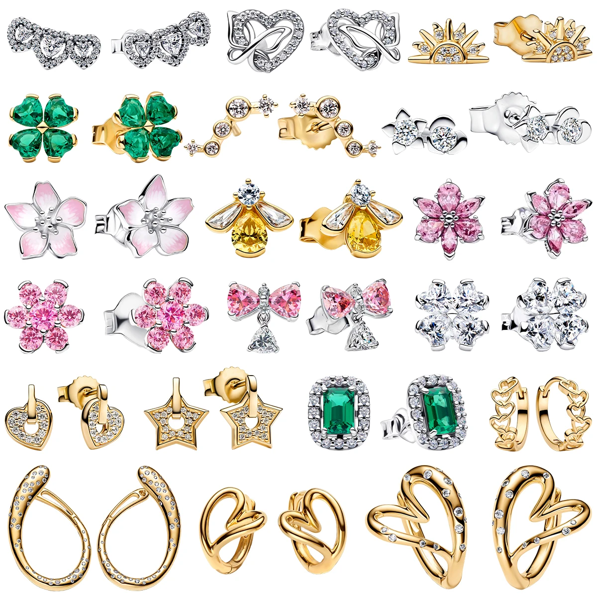 Original S925 Silver Stud Earrings Luxury Clover Floral Bee Bow Heart Star Emerald Ear Crawler Hoop Two‑Tone Gem Women Jewelry