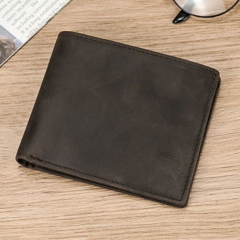 

New Fashion Business Men's Mad Horse Skin Wallets Cow Genuine Leather Short Organizer Wallet Boy Brand Luxury Card Holder Purse