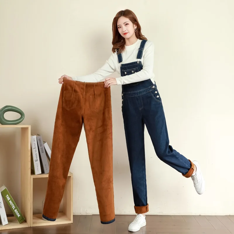 

Women's Bib Pants Warm Thick Fleece Blue Denim Overalls, Shoulder Strap Jumpsuit, Full Length Jeans, Winter