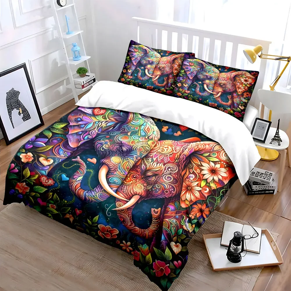 Colorful Elephant Art Set Multiple sizes kid's and adults' bedroom Exquisite 3PC bedding set, gift