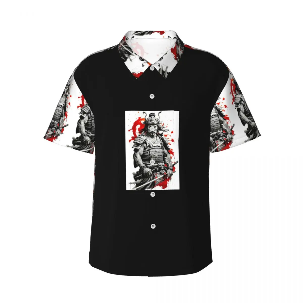 Kemeja Pria Samurai Jepang Kemeja Lengan Pendek Hawaii Atasan Kancing Modis untuk Pantai Musim Panas