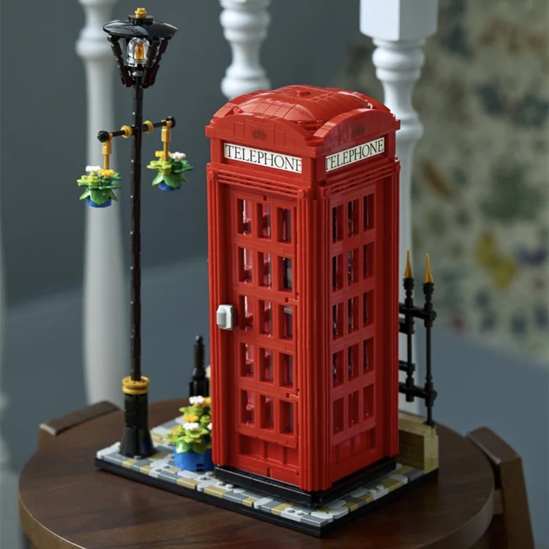 CreativeMOCBuilding Retro London Red Telephone Booth Decoration Small Particles Assembled Building Block Toys