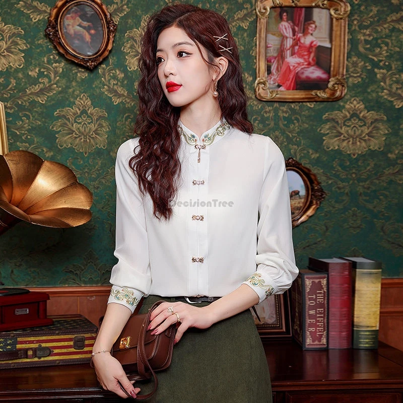 

2025 new chinese retro button-up white tang suit shirt women's autumn new improved stand collar long sleeve daily cheongsam top