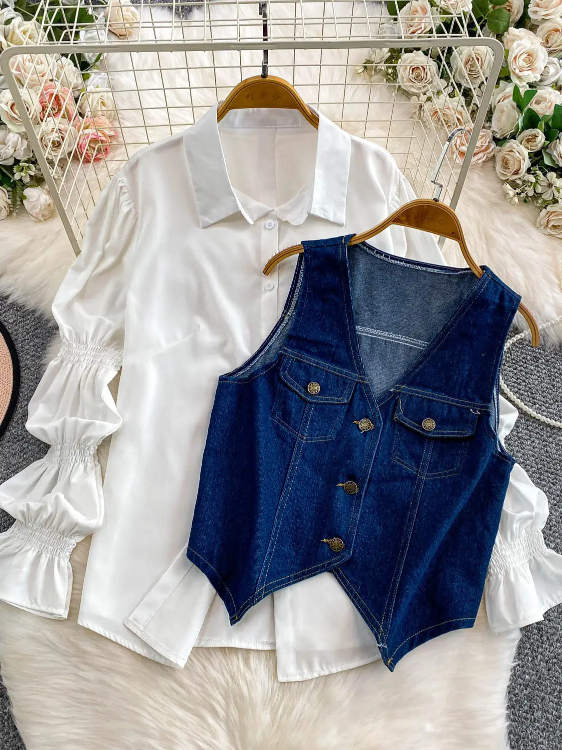 SuperAen Korean Style Office Lady Loose Lantern Sleeve Shirt Single-breasted V-neck Vest Denim Jacket Two-piece Sets