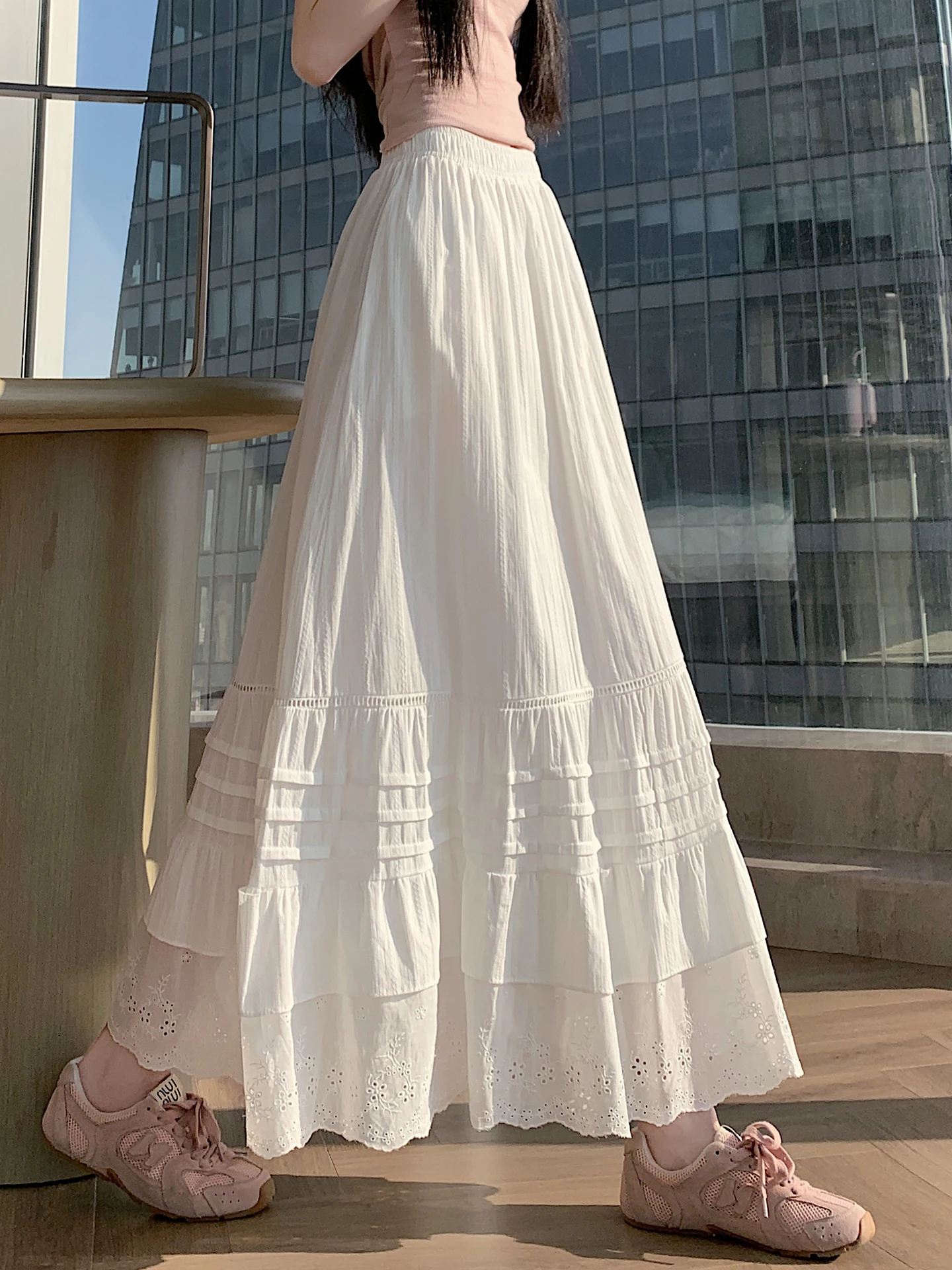 

Нежная белая кружевная юбка с ажурным подолом, женская, с высокой талией, А-силуэт, драпированная, многоярусная, в корейском стиле, для повседневной носки