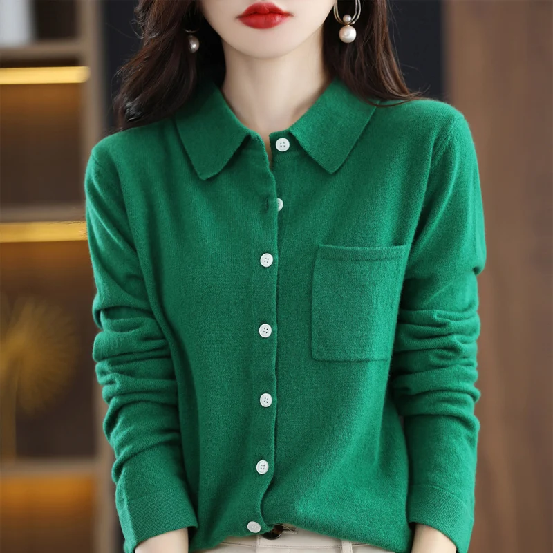 LHZSYY 100% Wool 2022 Spring and Autumn New Polo Neck Wool Knitted Cardigan Top Women\'s Style Loose With Pocket Sweater Coat