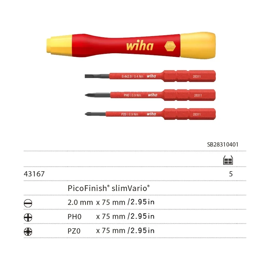 WIHA 43167 4 PCS PicoFinish®Insulated Screwdriver Set Removable Precision Electrician Tool for Slotted Phillips Pozidriv Screws