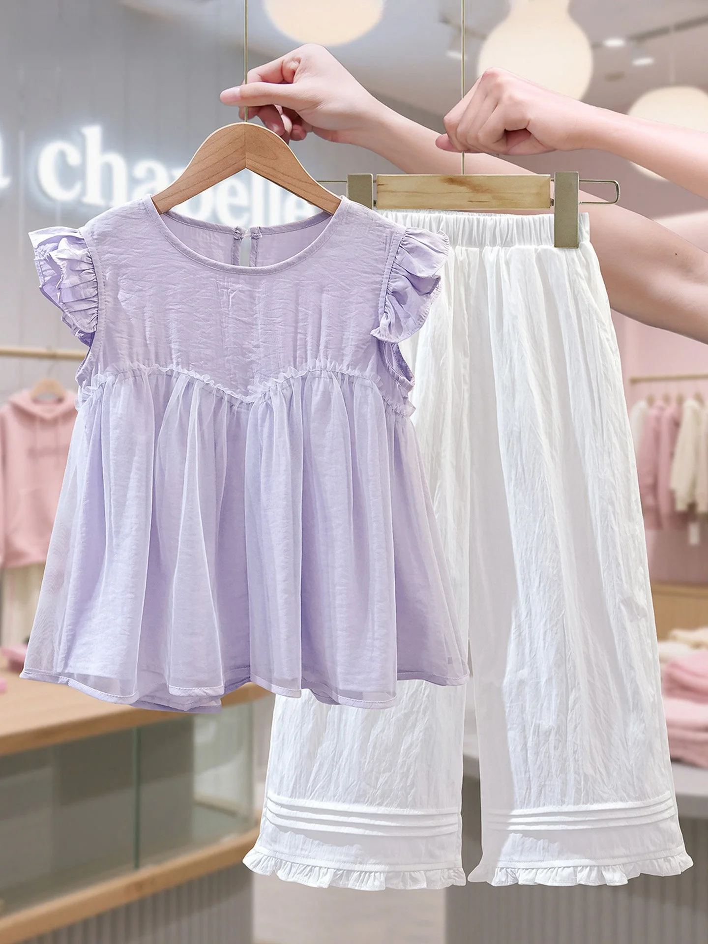 la-chapelle-children's-summer-outfit-girls'-mesh-splice-big-kids'-clothing-set-breathable-lightweight-casual-style-two-piece-set