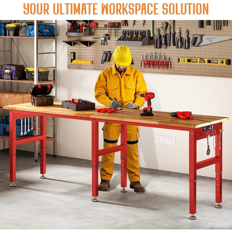 96" Red Adjustable Heavy Duty Workbench with 4 AC Outlet and 2 USB Ports Power Outlets, 5000 Lbs Capacity, Rubber Wood Top