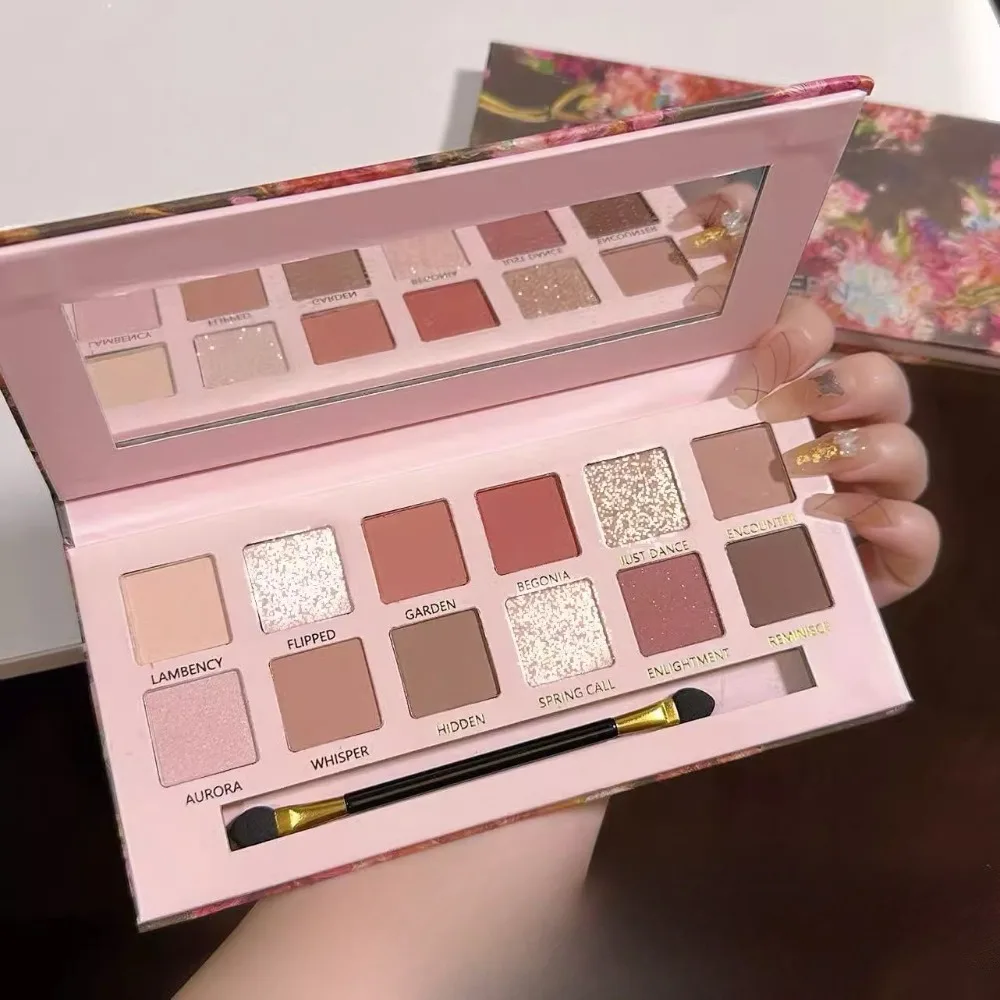 베고니아 플라워 글리터 아이 섀도우 팔레트 (메이크업 미러 포함) 진주 빛 매트 쉬머 안료 누드 오래 지속되는 아이 섀도우 메이크업