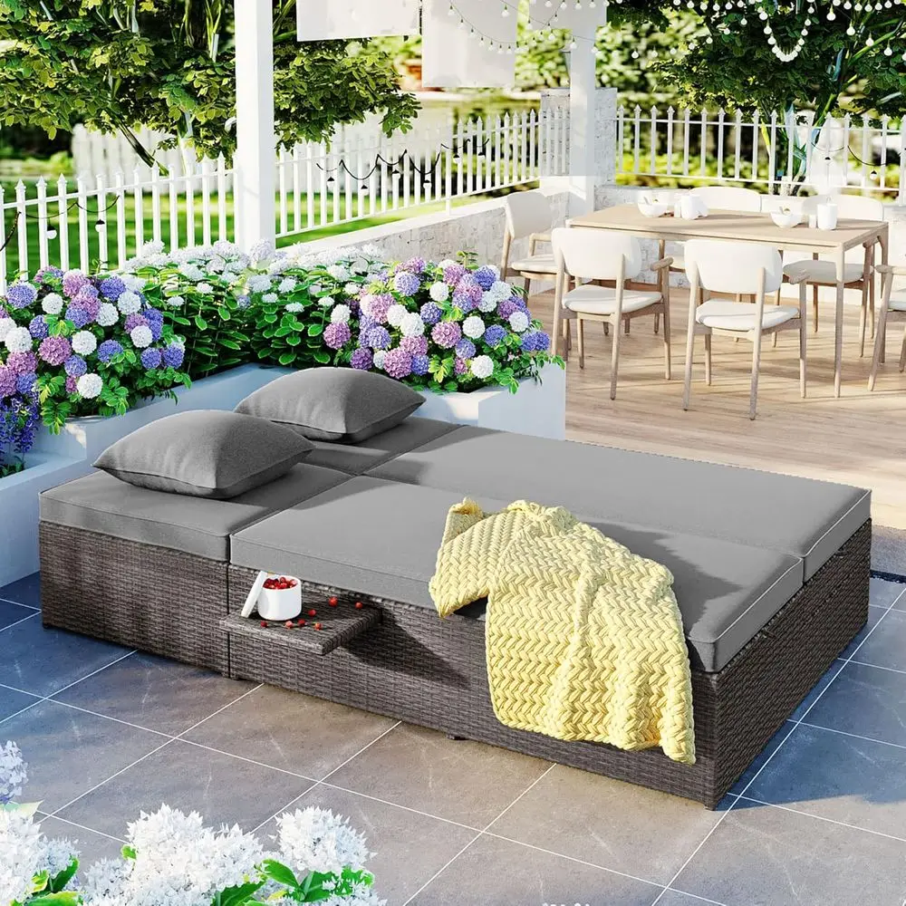 

Outdoor PE Rattan Daybed Double Reclining Chairs with Adjustable Backrest and Cup Tray, All Weather Patio Sunbed Lounge Chair Co