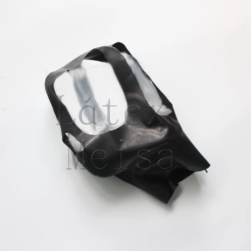 Máscaras de látex cruzadas para la cabeza, capuchas de goma negras, boca abierta con cremallera trasera