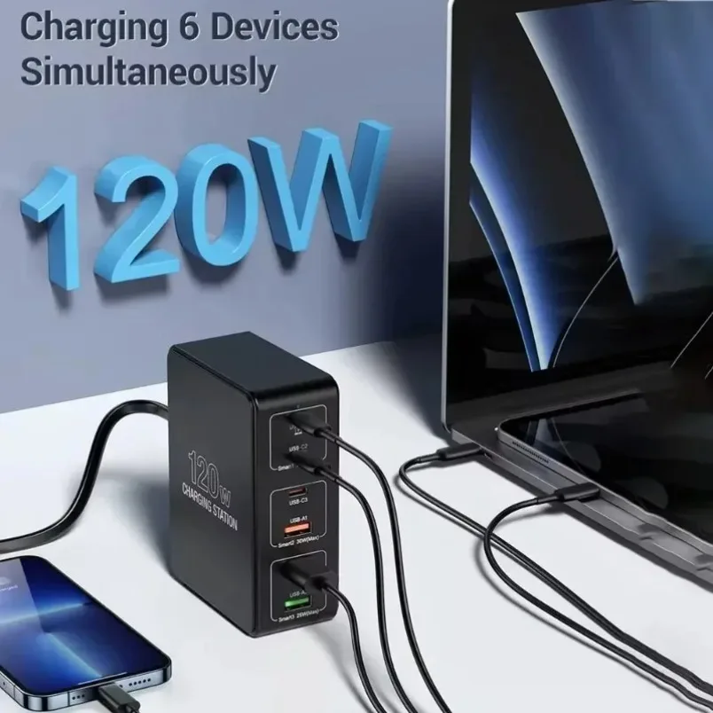 USB Charging Station 120W 6 Port PD3.0 QC3.0 Fast Charger Type C PPS Desktop Dock for iPhone Samsung Xiaomi 65W Black