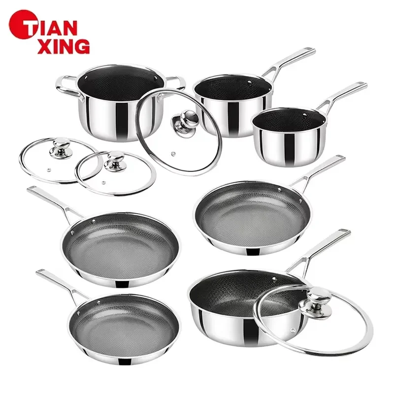 13-Piece Classic Stainless Steel Non-Stick Oven Dishwasher Safe Cookware Set Hex Hybrid Honeycomb Bottom Glass Lid Soup Milk