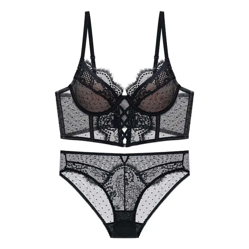 YEMOMO French Lace Push Up Lingerie Set Womens Thin Soft Steel Ring Bra See Through Ruching Chemise Petite Small Bust S-XL Hot