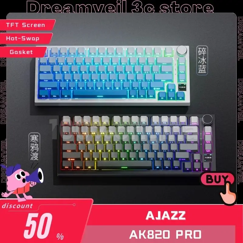 

AJAZZ AK820 Pro Three Mode Hot Swap Mechanical Keyboard TFT Screen Gasket Multifunctional Knob Gaming Keyboard RGB Office Mac