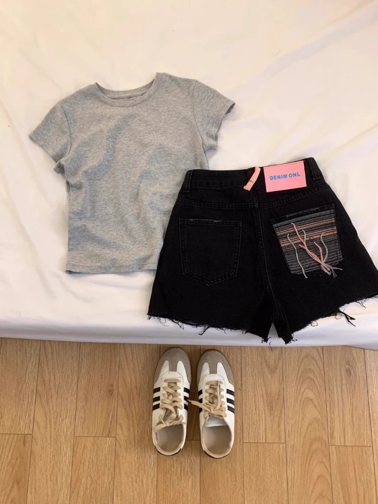 

High Waist Wide Leg Black Denim Shorts Women's Spring 2025 New plus Size A-Line Hot Pants Wear Resistant Short Skirts