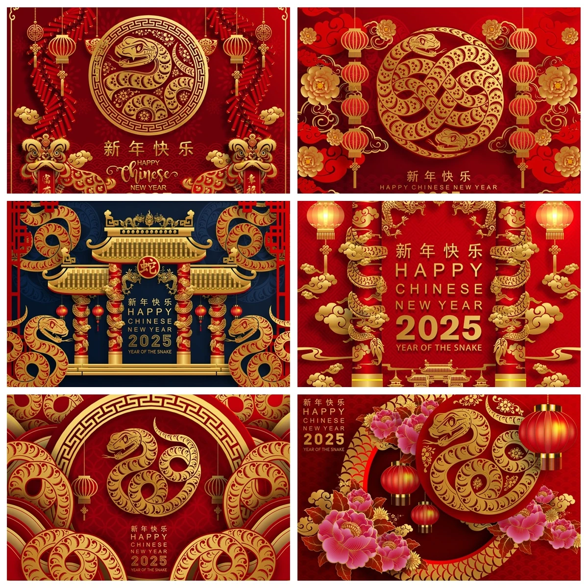 2025 New Year Snake Backdrop Photography Chinese Style Spring Festival Red Lantern Party Decoration Background Photo Studio Prop