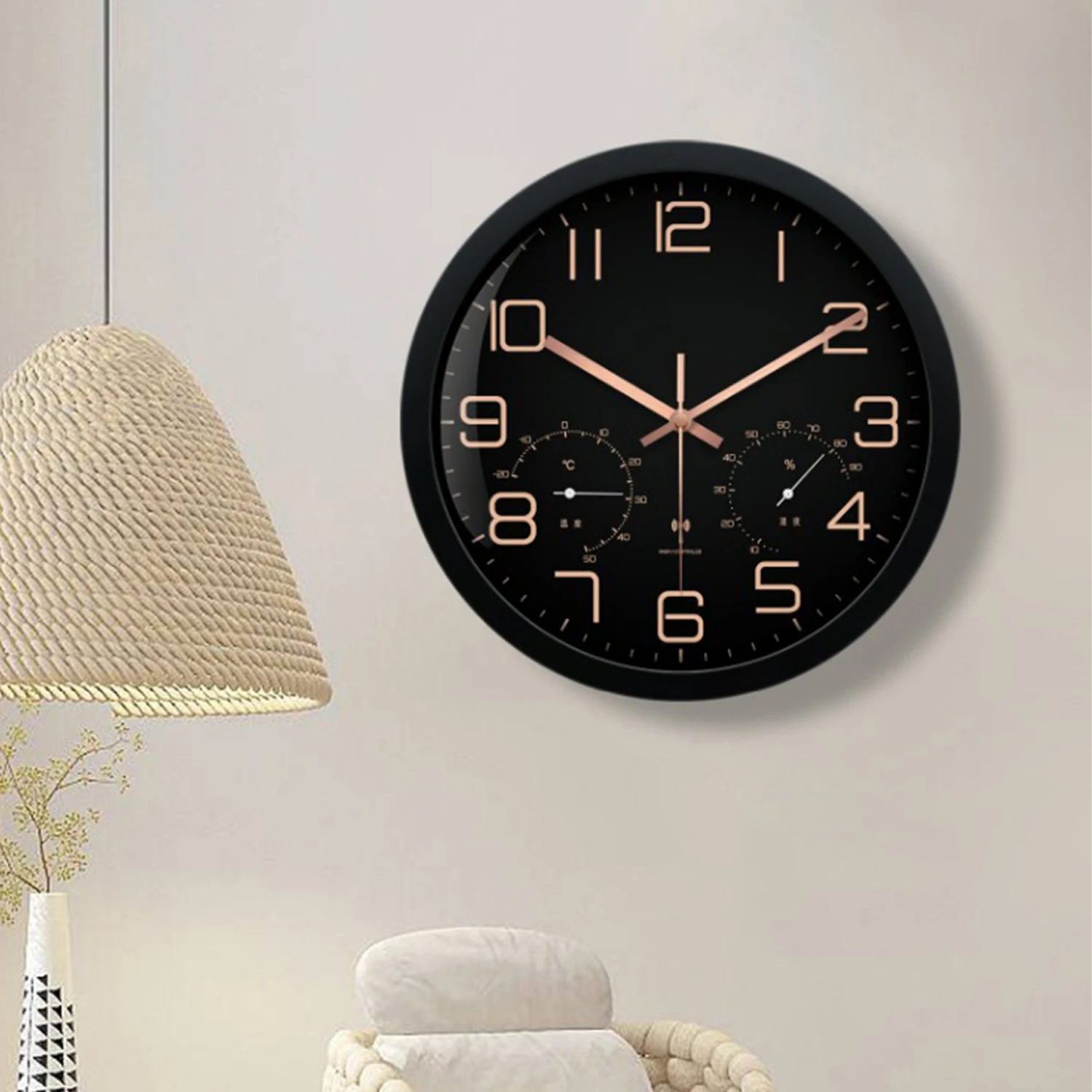 

12 Inch Elegant Wall Clock Integrated Temperature And Humidity Gauges Quartz Clock Modern Design For Home Office Decor