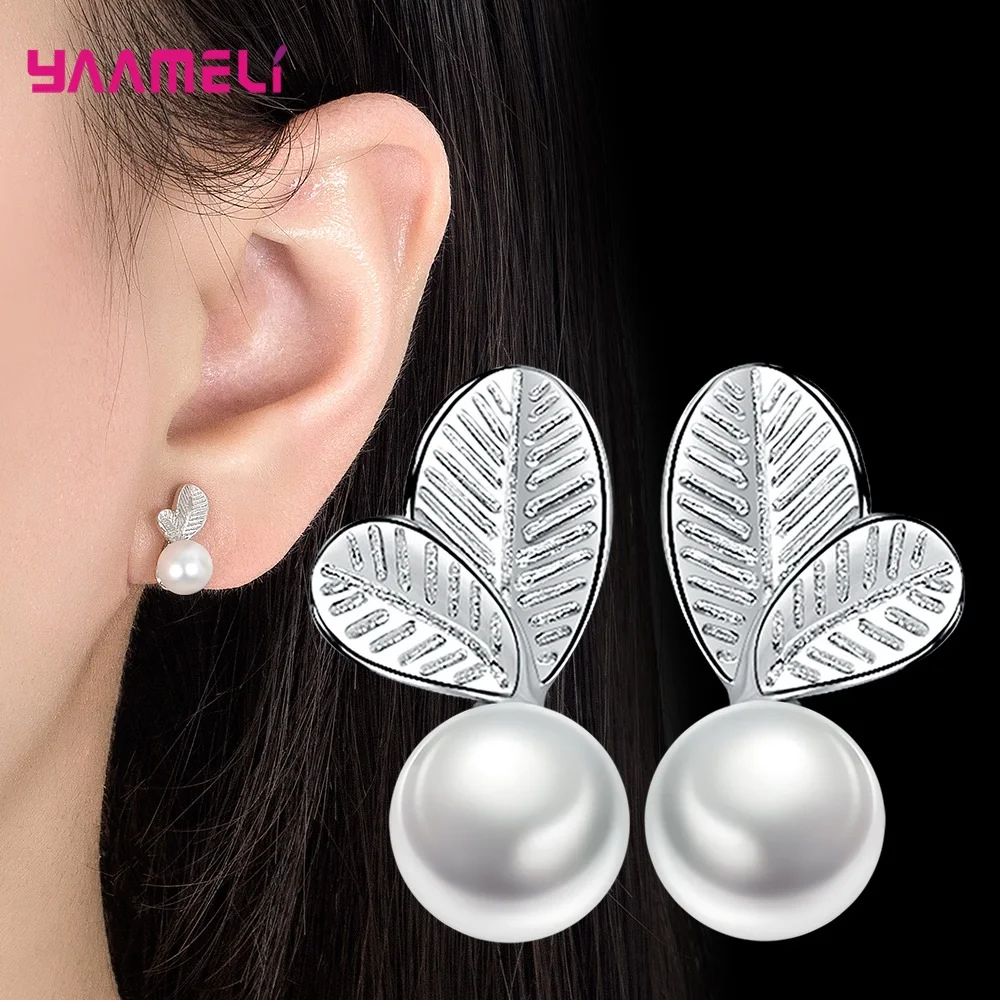 925 Sterling Silver Cute Heart Pearl Stud Earrings For Women Girls Wedding Engagement Fashion Jewelry