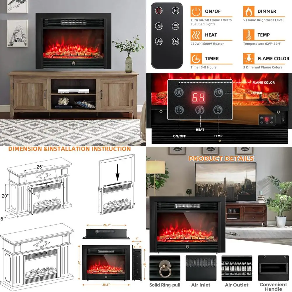 

Встраиваемый электрический камин 28,5 дюймов с 3-цветным пламенем, защитой от перегрева, пультом ДУ, 700 Вт/1500 Вт, идеально подходит для помещений