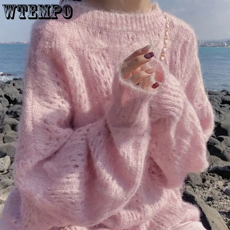 Pink Hollow Pullover Sweater Women's Spring Outer Wear Loose Loose Lazy Style Sweet Thin Knit Sweater Autumn