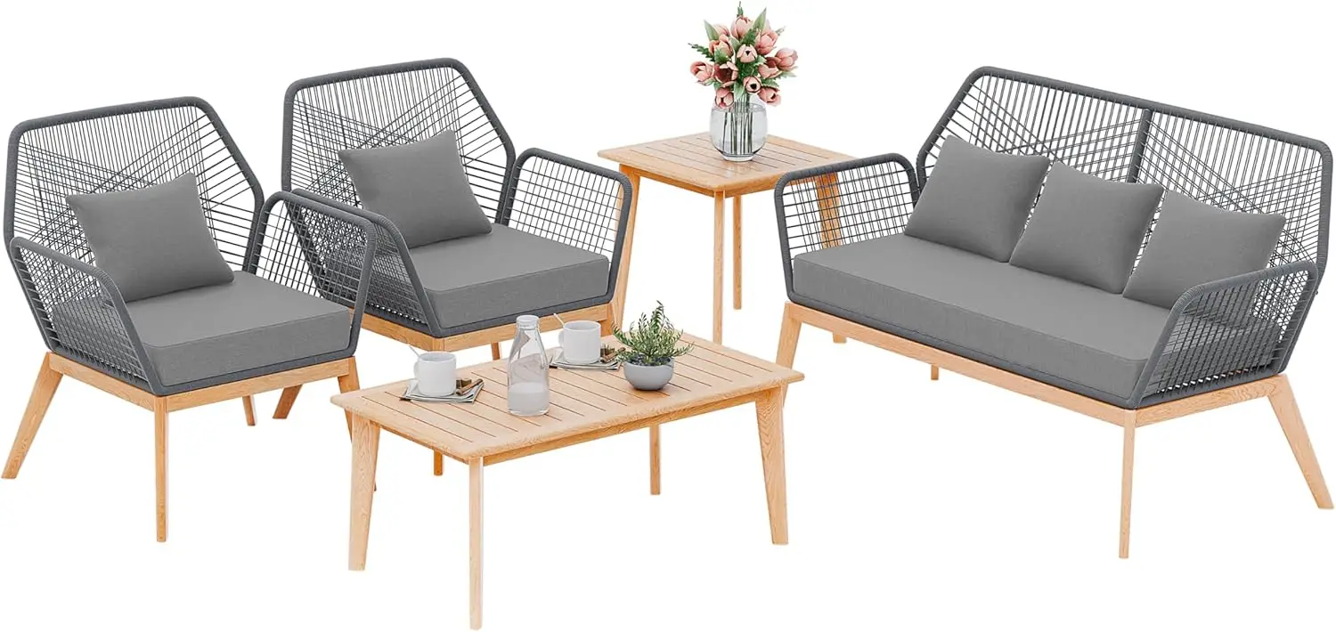 Outdoor Patio Furniture Set,5 Pieces Indoor Rope Woven Sectional Sofa Set Modern Oak Patio Conversation Sets with Wooden Table