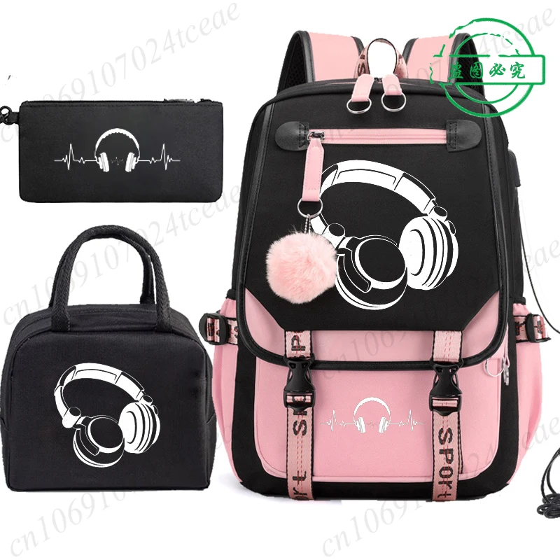 Headphone Music Lover Cartoon Schoolbag School Backpack Teens Casual Daypack Music Dj Student Back To School Bookbag 3pcs/set