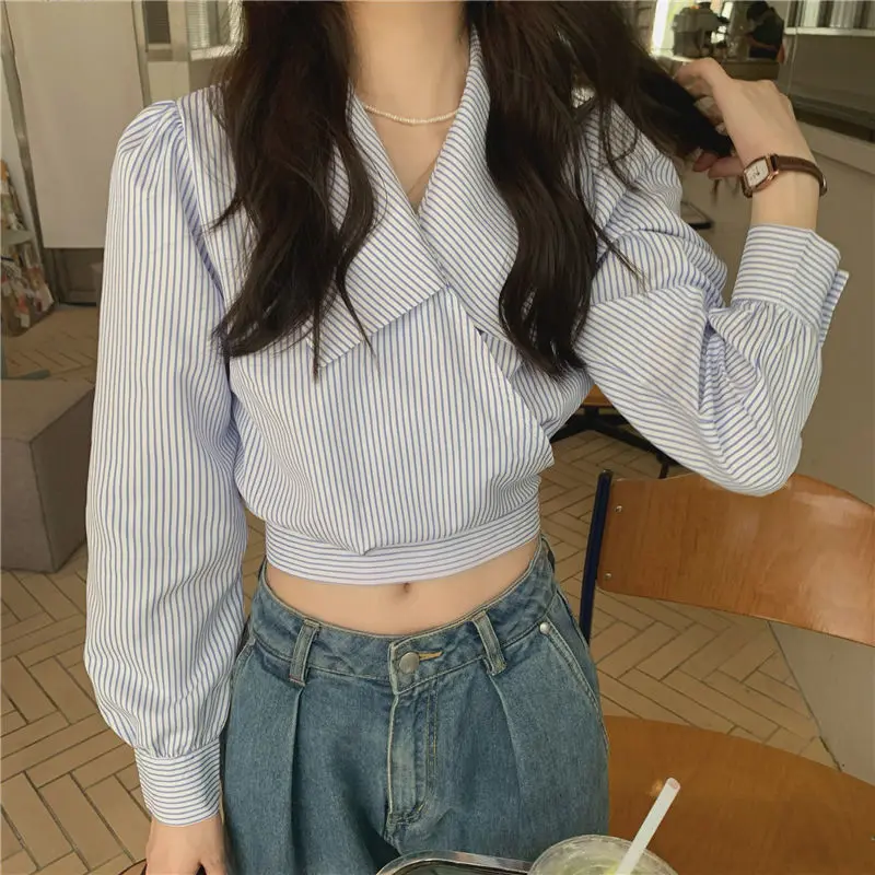 Korean Lacing Short Blouse Spring New Long Sleeve Polo Neck Striped Bandage Sexy Shirt Tops Y2K Fashion Casual Women Clothing