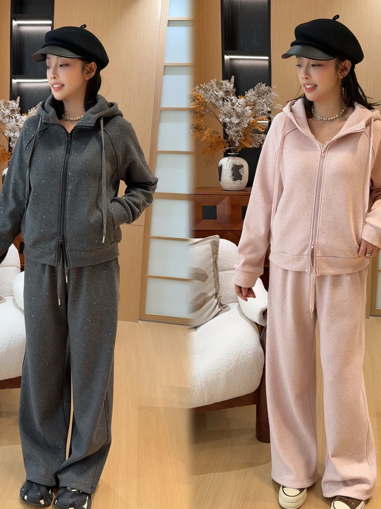 

Женский зимний повседневный костюм-двойка с блестками, на подкладке, с длинными рукавами, с высокой талией, на молнии, свободного кроя