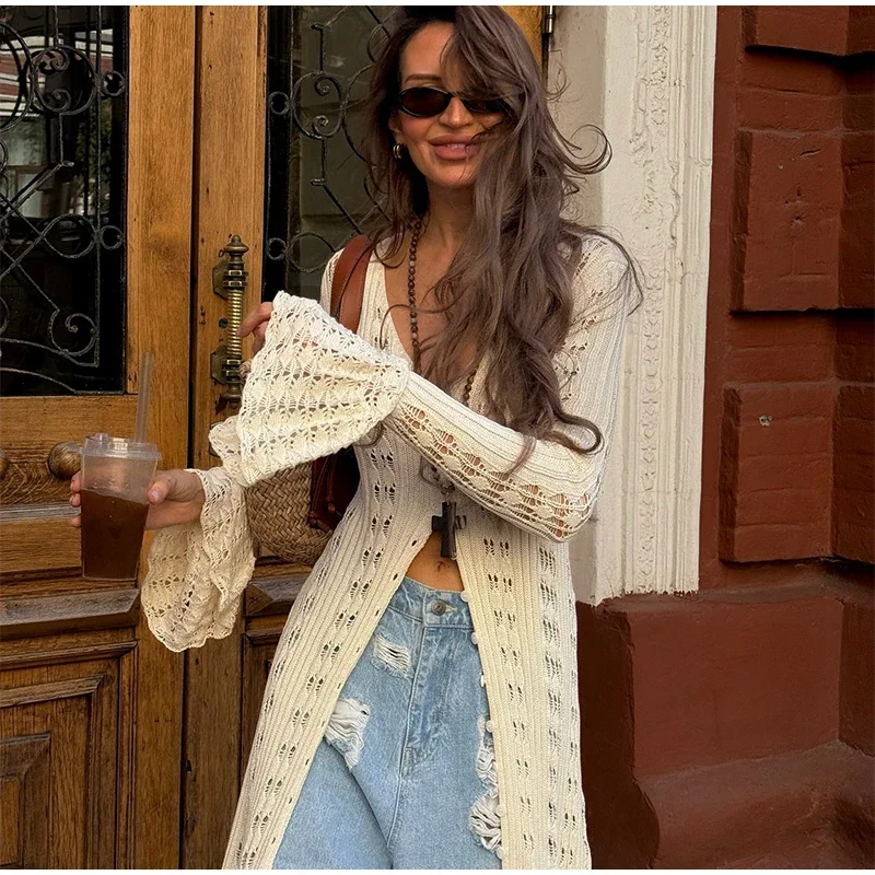 Elegant Knitted Hollow Out Long Dress Women Beach Ruffle Single-breasted Flare Sleeve Cardigan Robe Female Fashion Solid Dresses