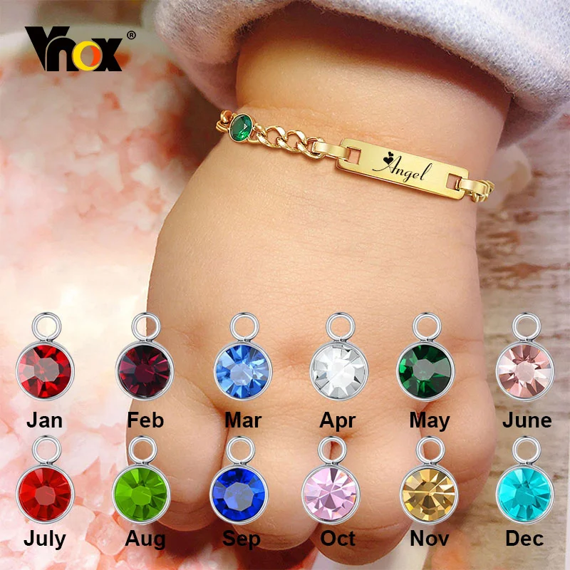 Vnox Customized Birthstone Bracelets for Girl,Anti Allergy Stainless Steel Newborn Nameplate Bracelet,Custom Birthday Gifts